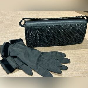 Vintage Olympia Handmade Removable Strap Beaded Black clutch matching Gloves